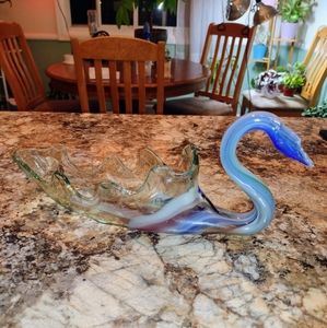 Murano Swan Slag Glass Bowl w/ blue,white and brown swirls